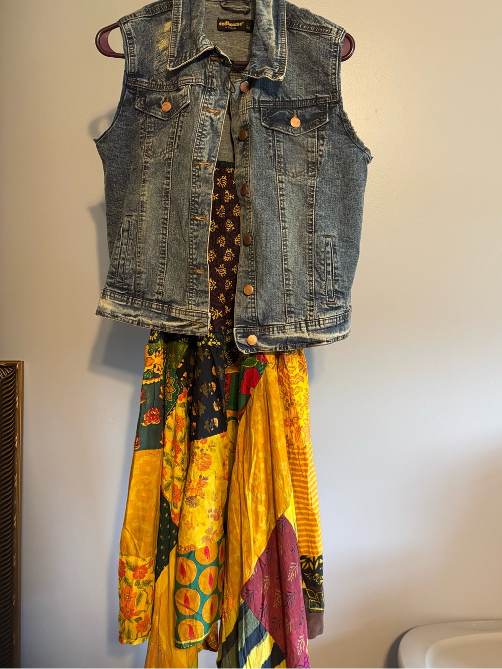 ETC Sundress Spaghetti Strap Smocked Hanky Hem‎ OS Denim Vest-M New!